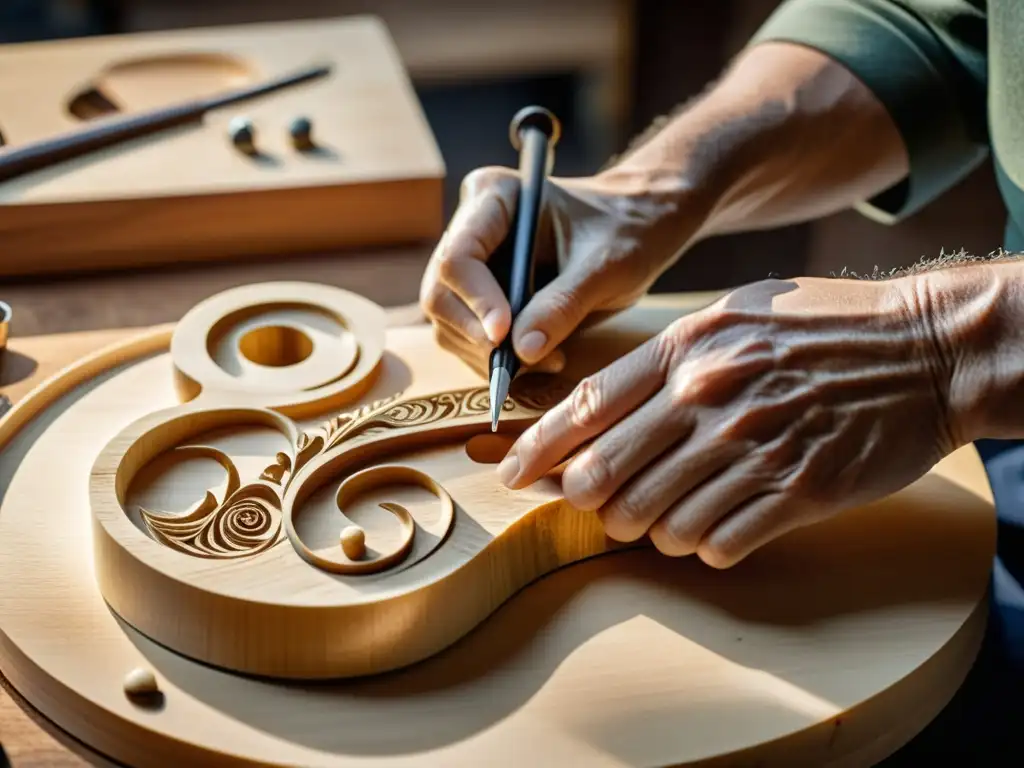 Un artesano da forma a un panel de madera de abeto para un violín, mostrando la influencia de materiales orgánicos en acústica