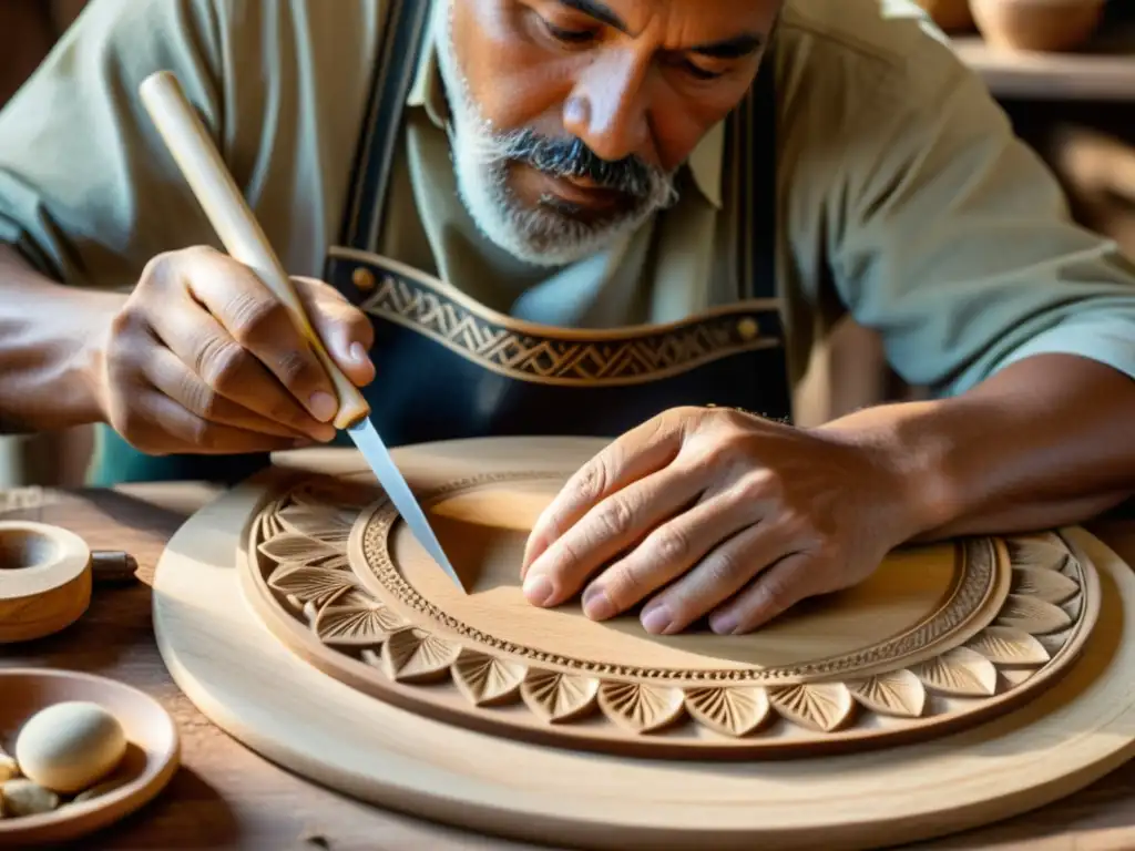 Artesano tallando una Gaita Gallega, rodeado de herramientas, en un taller iluminado por luz natural