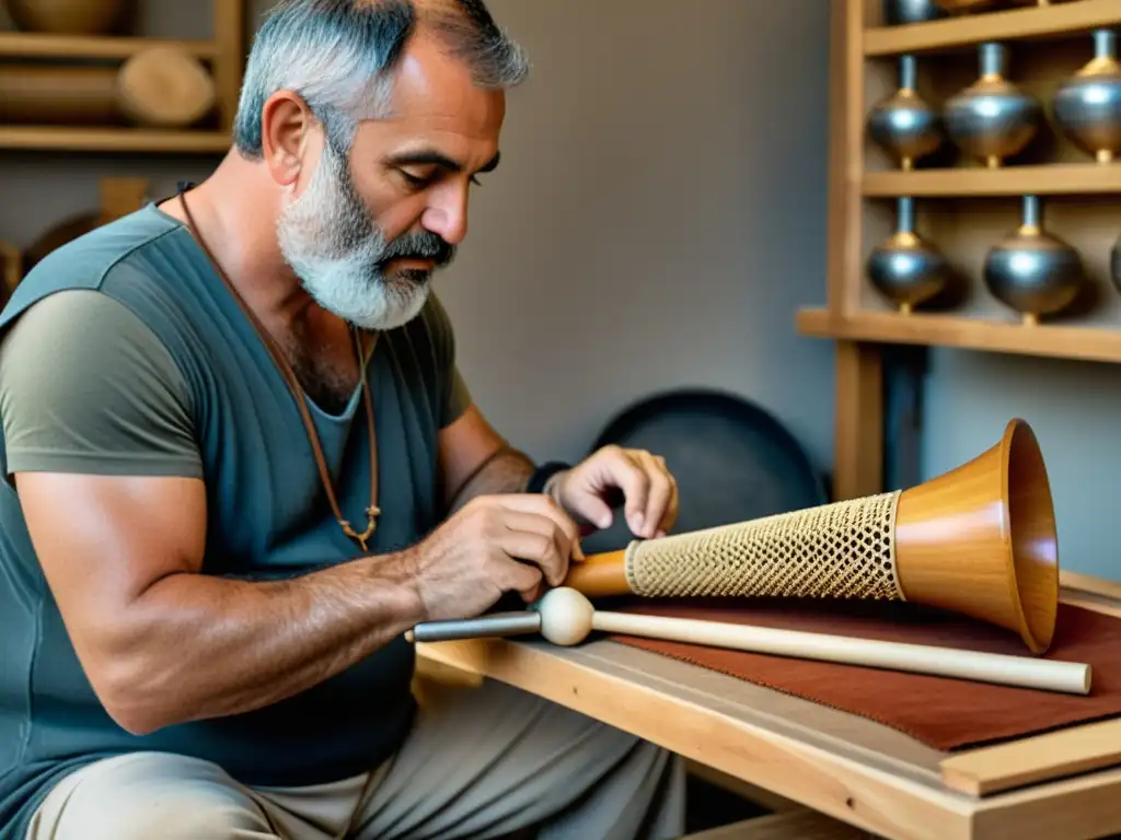 Un artesano griego antiguo construye con esmero un salpinx, rodeado de materiales tradicionales