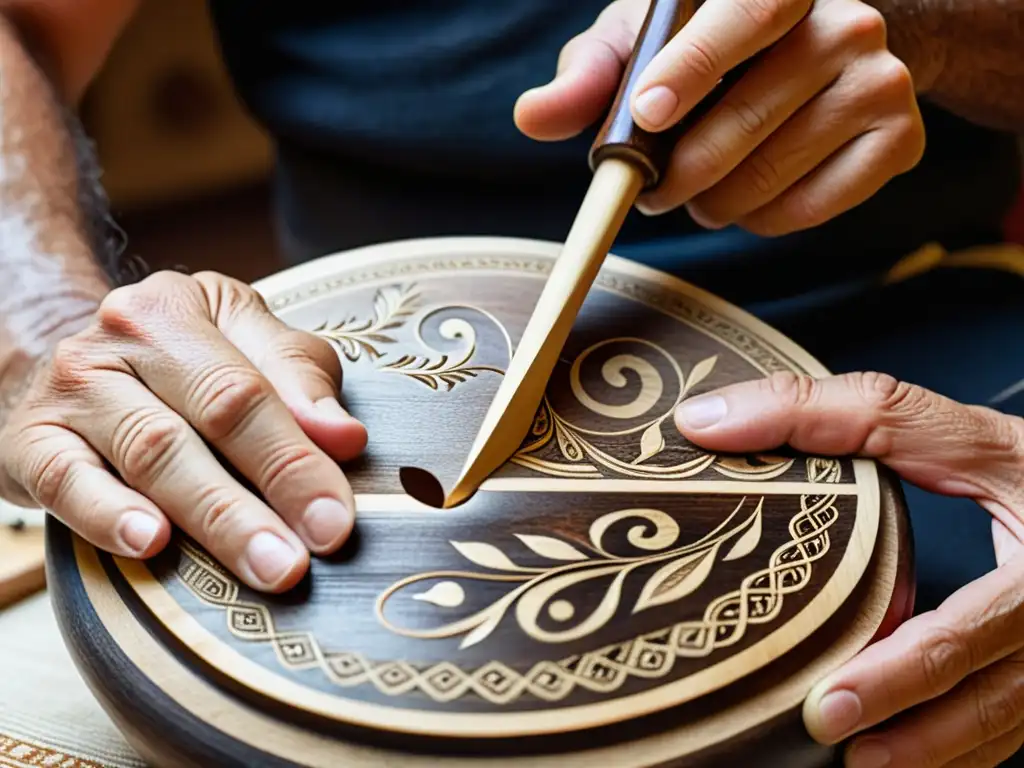 Un artesano griego talla con destreza intrincados diseños en un bouzouki, revelando la rica madera y su maestría