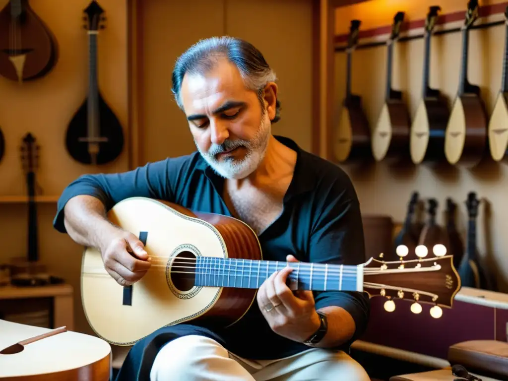 Un artesano luthier griego experto construye con meticulosidad un bouzouki tradicional, rodeado de cuerdas afinadas, tallas de madera intrincadas y herramientas delicadas, bañado por la cálida luz suave de su taller