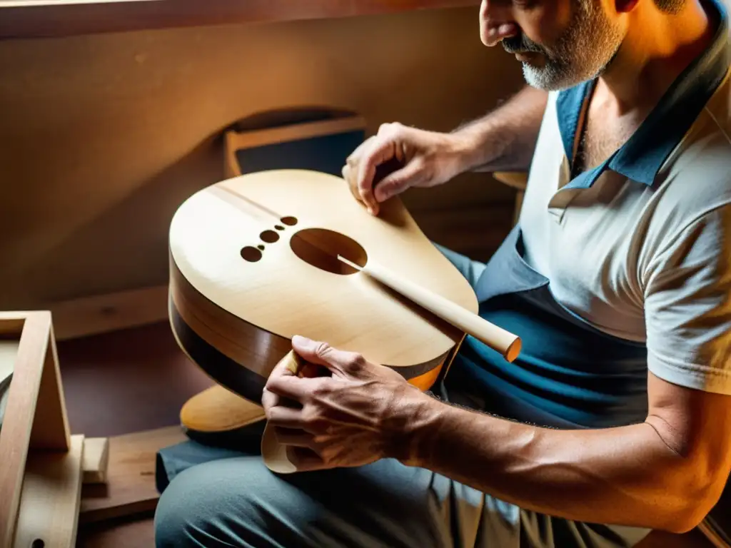 Artesano griego tallando con precisión un bouzouki tradicional en madera envejecida, bañado en cálida luz natural