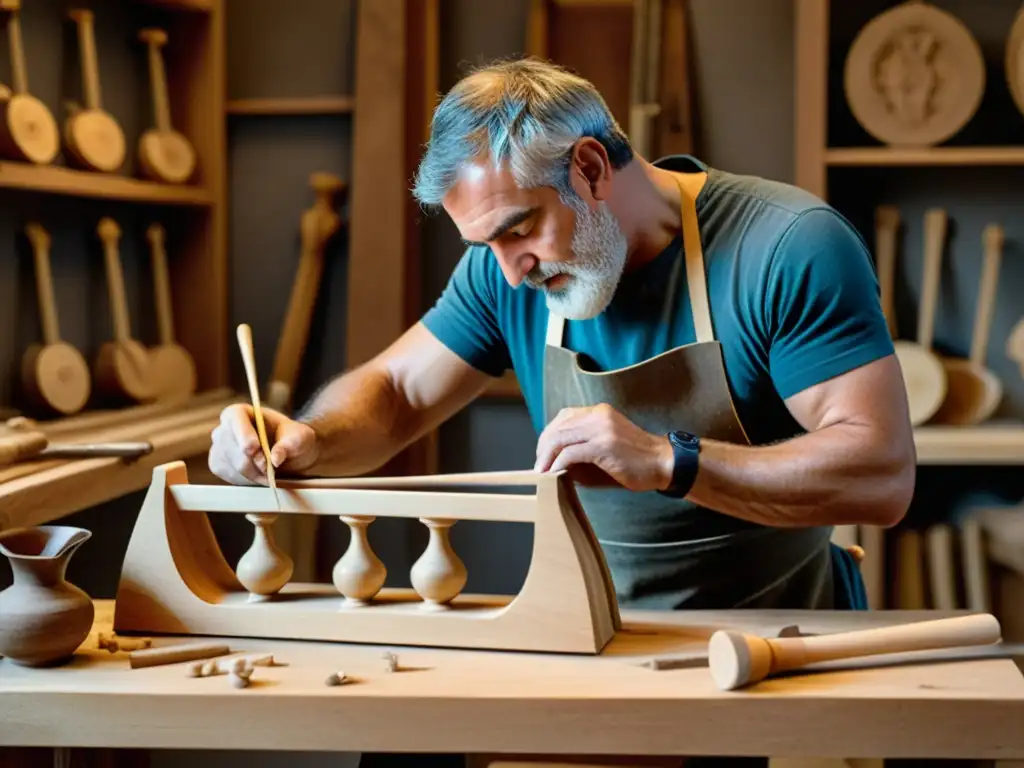 Un artesano griego talla con maestría un lyre en su taller, evocando la habilidad y autenticidad del antiguo oficio de la lutería