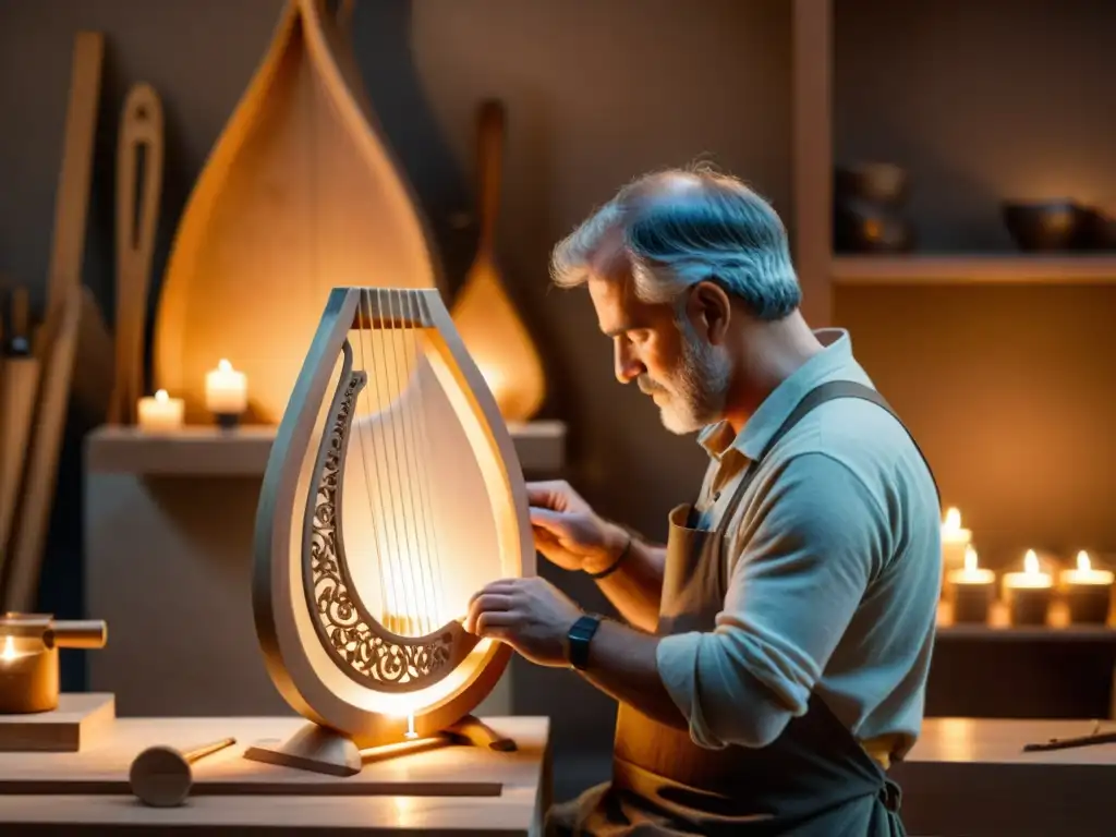 Un artesano hábil construye un lyre griego usando técnicas tradicionales, rodeado de luz cálida