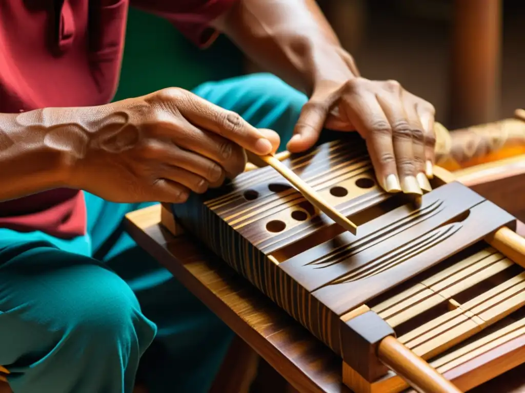 Un artesano guatemalteco talla diseños en la madera de una marimba, mostrando la historia y resonancia de la marimba