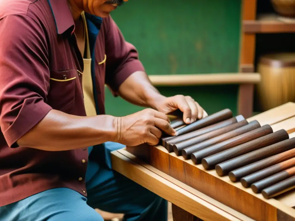 Un artesano guatemalteco talla con maestría las resonancias de una marimba tradicional, mostrando la historia y resonancia de la marimba