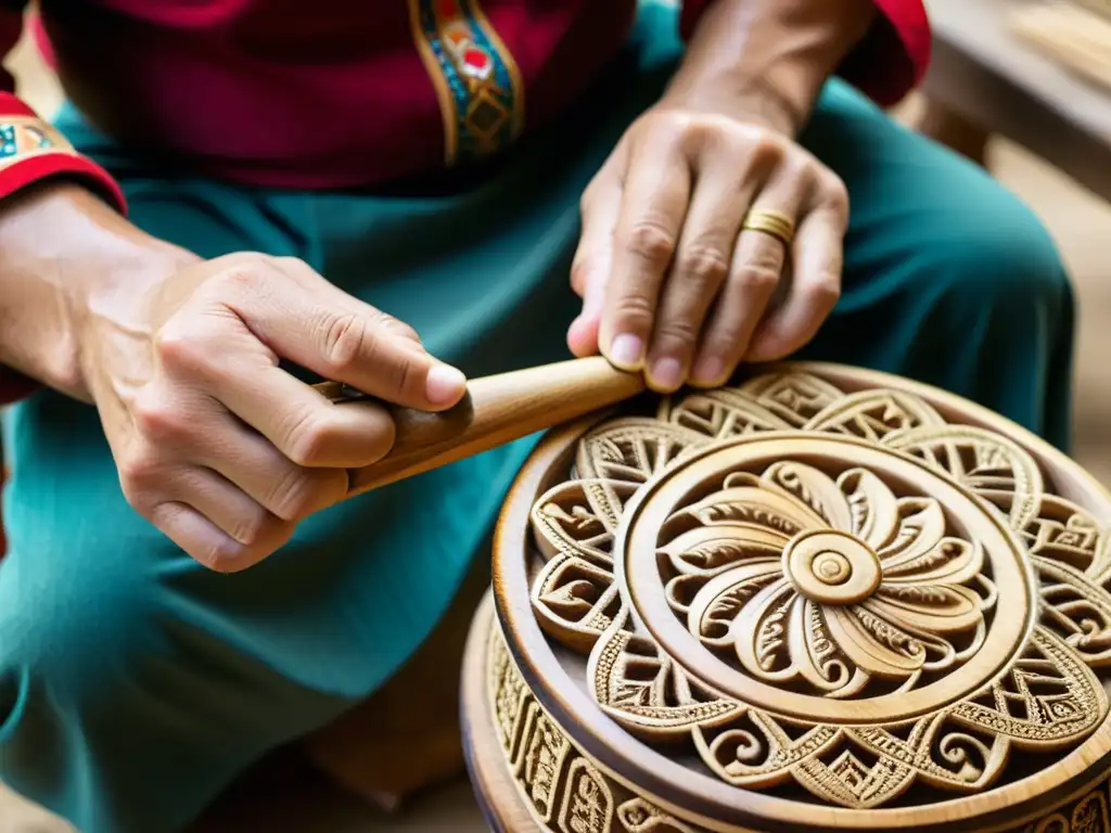 Artesano tallando la gudulka, destacando la construcción y sonido de la tradicional instrumento búlgara