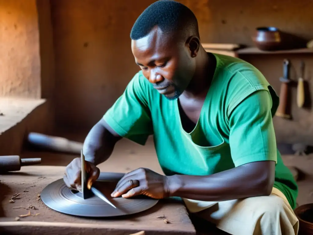 Un artesano guineano experto en la creación del Karinyan, rodeado de herramientas tradicionales y materiales, detalladamente tallando el metal