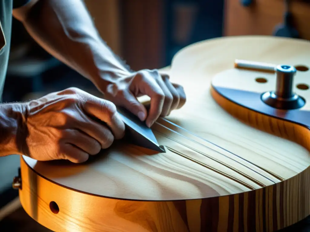 Artesano luthier esculpe detalladamente una guitarra acústica, destacando la transformación del diseño de instrumentos musicales