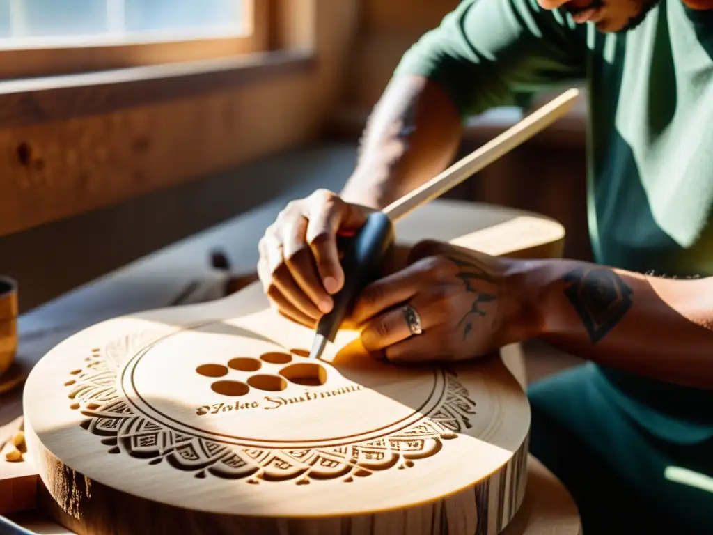 Un artesano tallando una guitarra acústica con materiales alternativos, resaltando la artesanía y la belleza de la madera sostenible