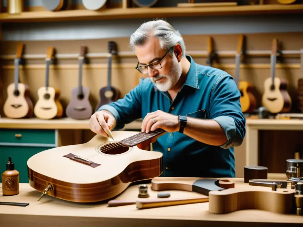 Artesano construyendo una guitarra eco-sostenible con materiales naturales en un taller iluminado, destacando la artesanía y la sostenibilidad