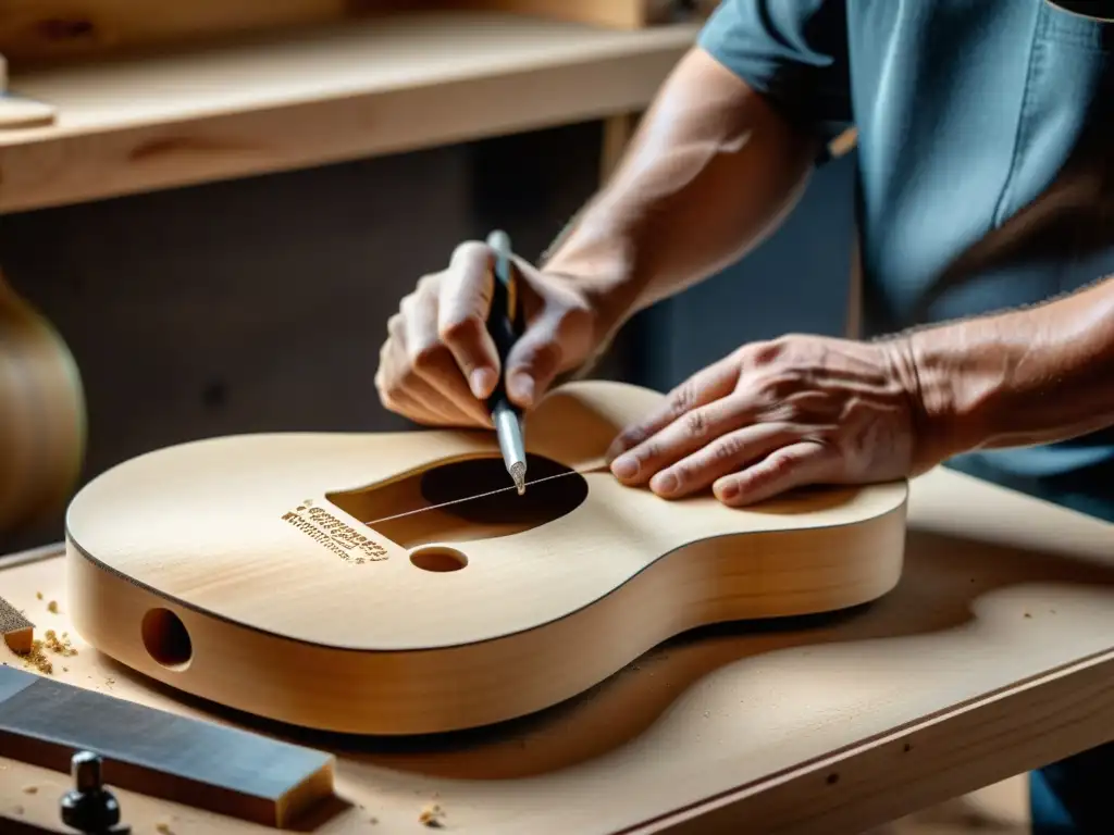 Artesano luthier tallando una guitarra ergonómica de madera sostenible