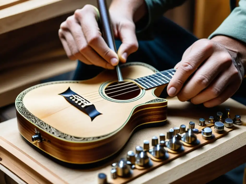 Un artesano crea una guitarra con madera y metal reciclados, mostrando el proceso creativo y sostenible de construcción de instrumentos musicales