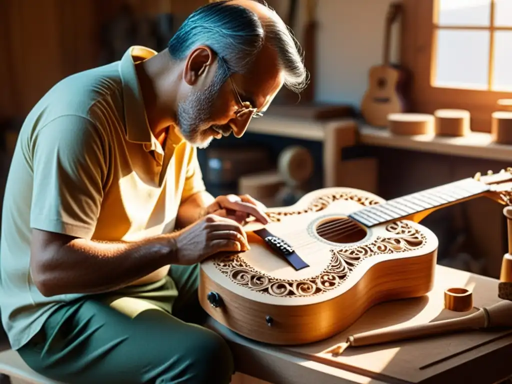 Artesano tallando una guitarra de madera sostenible en un taller soleado, destacando la sostenibilidad en la fabricación de instrumentos musicales