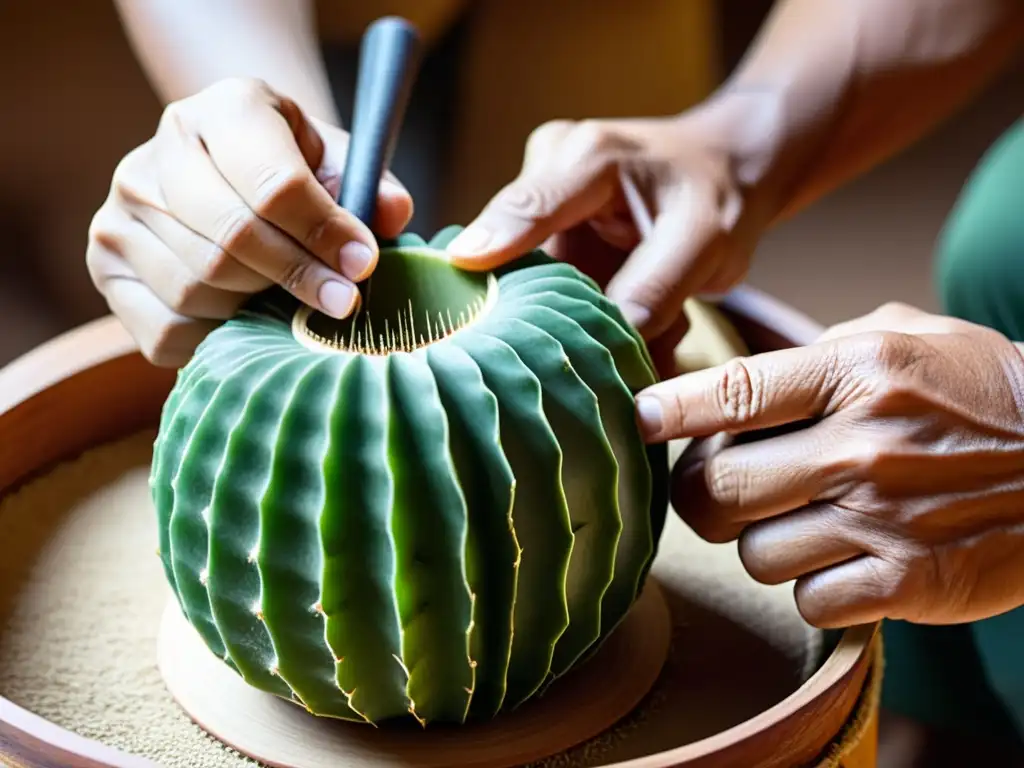 Un artesano hábil moldea un cactus en un instrumento percusivo tradicional con destreza