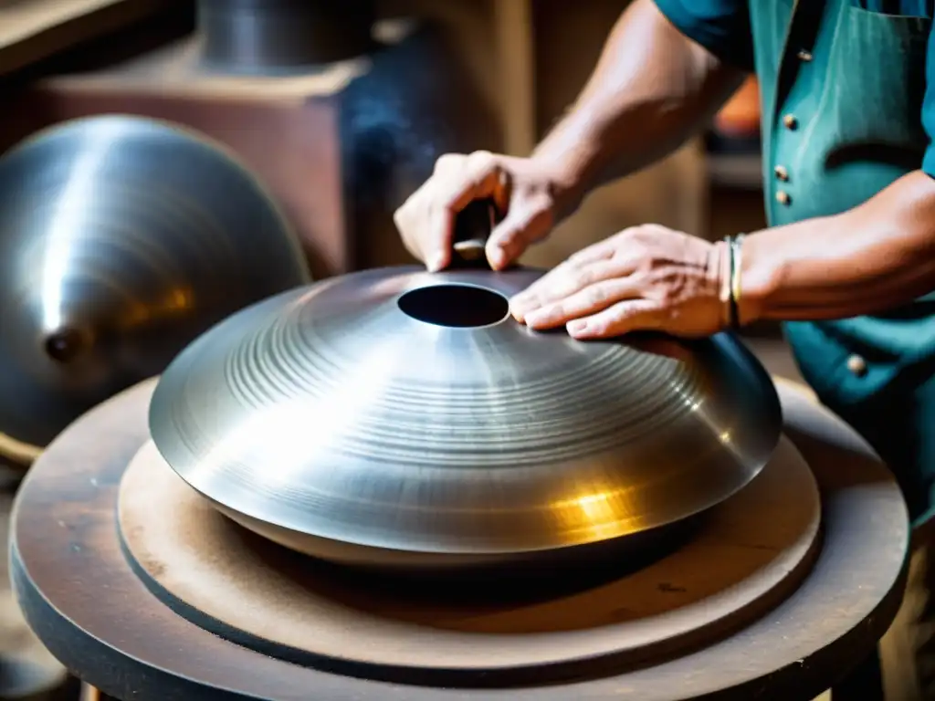 Un artesano hábil trabaja meticulosamente en la creación de una handpan, mostrando el proceso detallado de martillado y conformado del tambor de acero