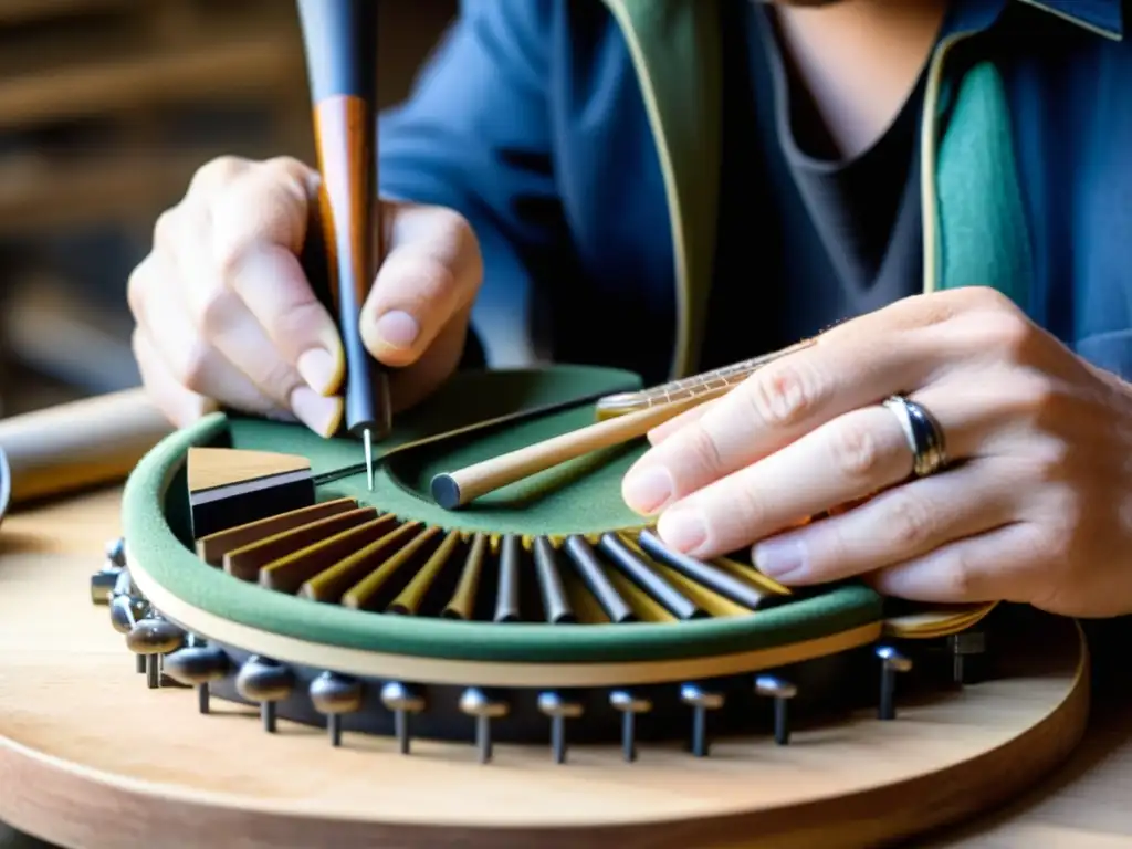 Un artesano hábil transformando desechos en instrumentos musicales, mostrando creatividad y conciencia ambiental