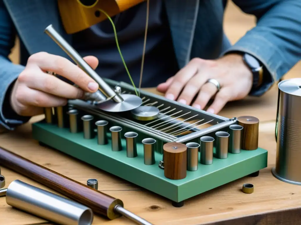 Un artesano hábil transformando desechos en instrumentos musicales con creatividad y precisión, en un ambiente cálido y natural