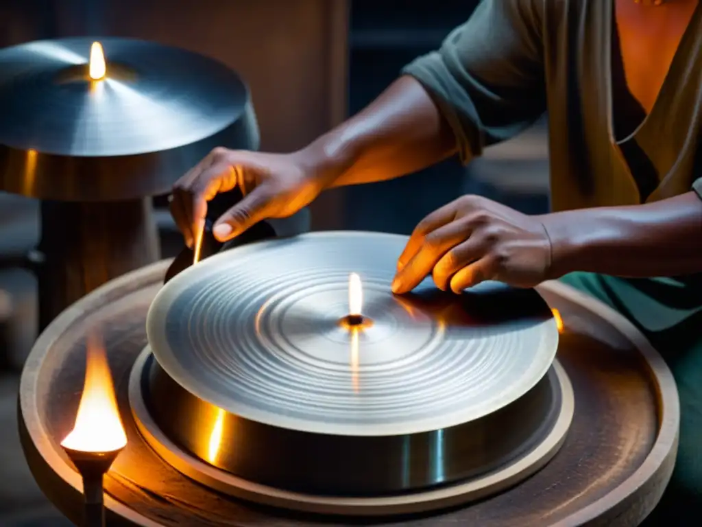 Un artesano hábil moldea con destreza un hang drum en un taller iluminado por velas, transmitiendo la esencia de 'Origen y evolución del hang drum'