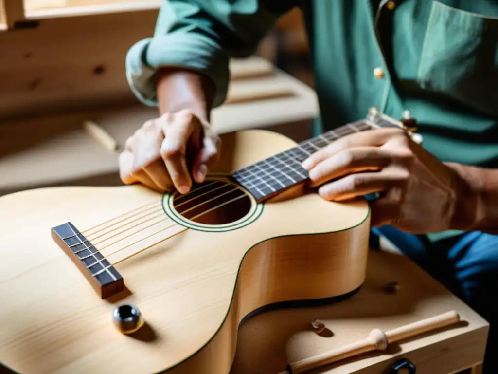 Un artesano hábil y detallista elabora una guitarra de madera con materiales sostenibles en un taller bañado por luz natural