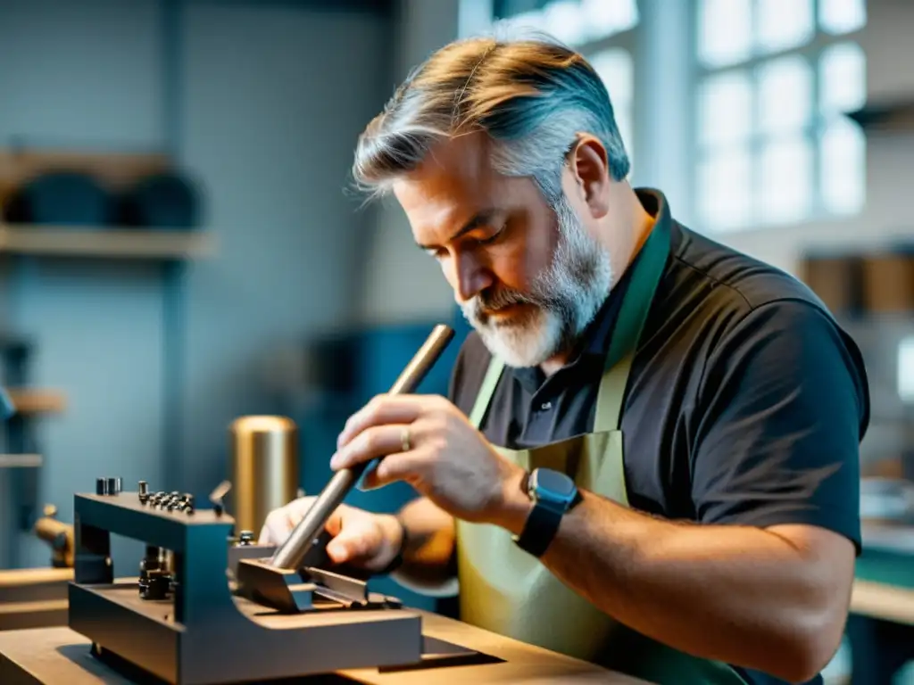 Un artesano hábil fabricando un instrumento de viento metal en un taller moderno, fusionando tradición con innovación