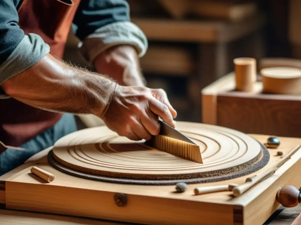 Un artesano hábil trabaja detalladamente la madera de una HurdyGurdy, concentrado en crear música medieval