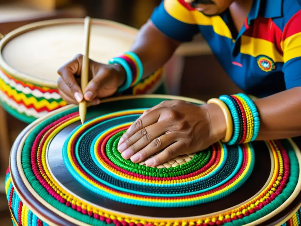 Un artesano hábil moldea un pandero cuadrado con motivos venezolanos, resaltando la artesanía y la historia del joropo