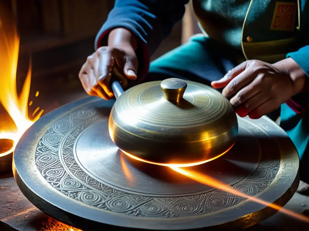 Un artesano hábil moldea con precisión un gong tibetano en un taller cálido y oscuro, con chispas volando