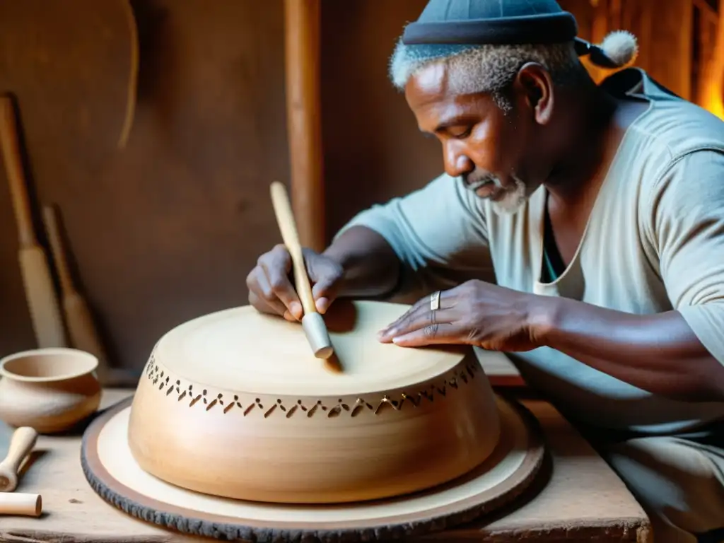 Un artesano hábil moldea un tambor de marco tradicional