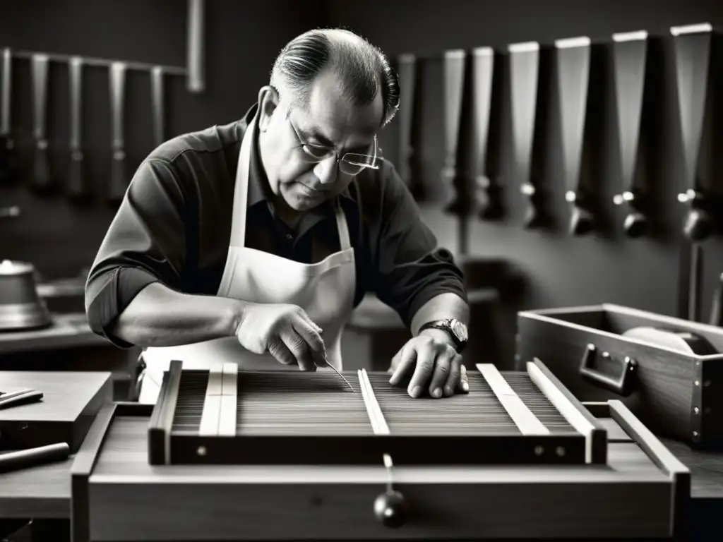 Un artesano ensambla con habilidad un bandoneón en su taller tradicional, iluminado cálidamente