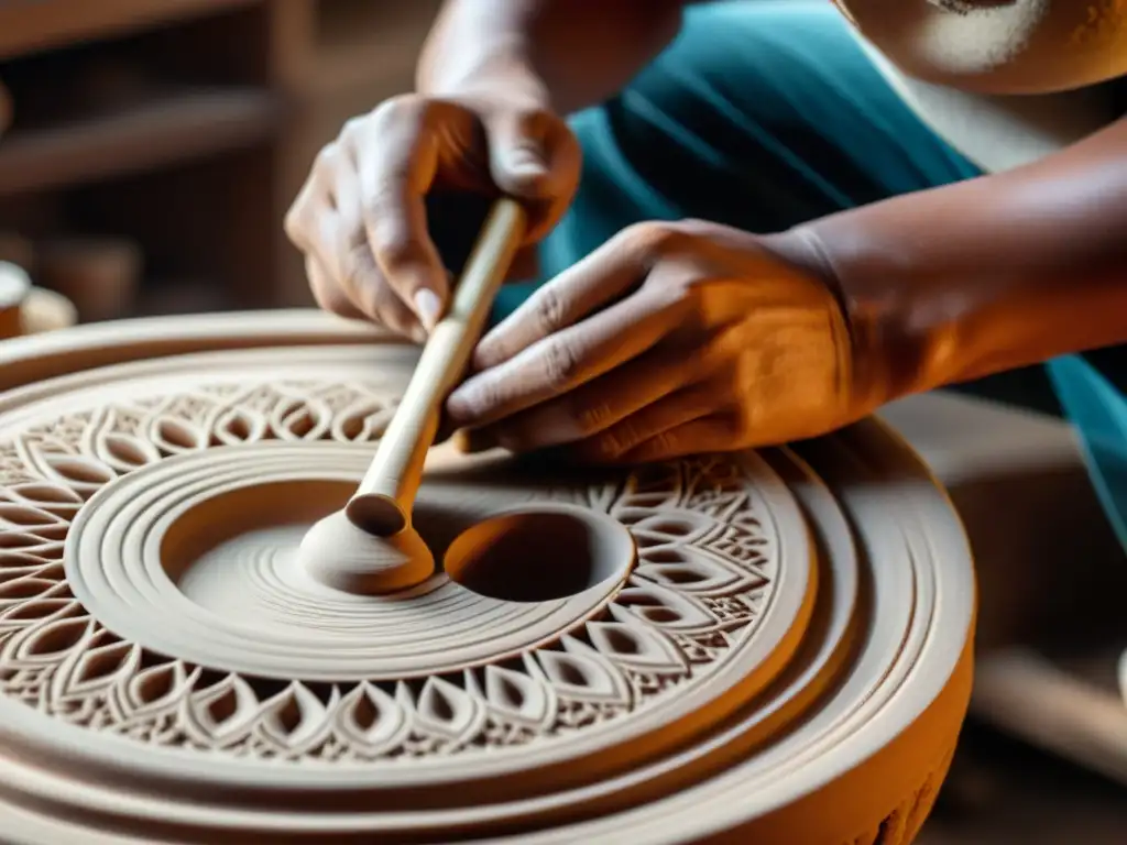 Un artesano crea con habilidad un instrumento musical cerámico, capturando la esencia del sonido de la tierra en sus manos expertas