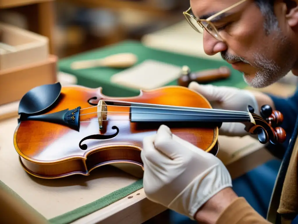 Un artesano restaura con habilidad un violín vintage, destacando las innovaciones en restauración de instrumentos musicales