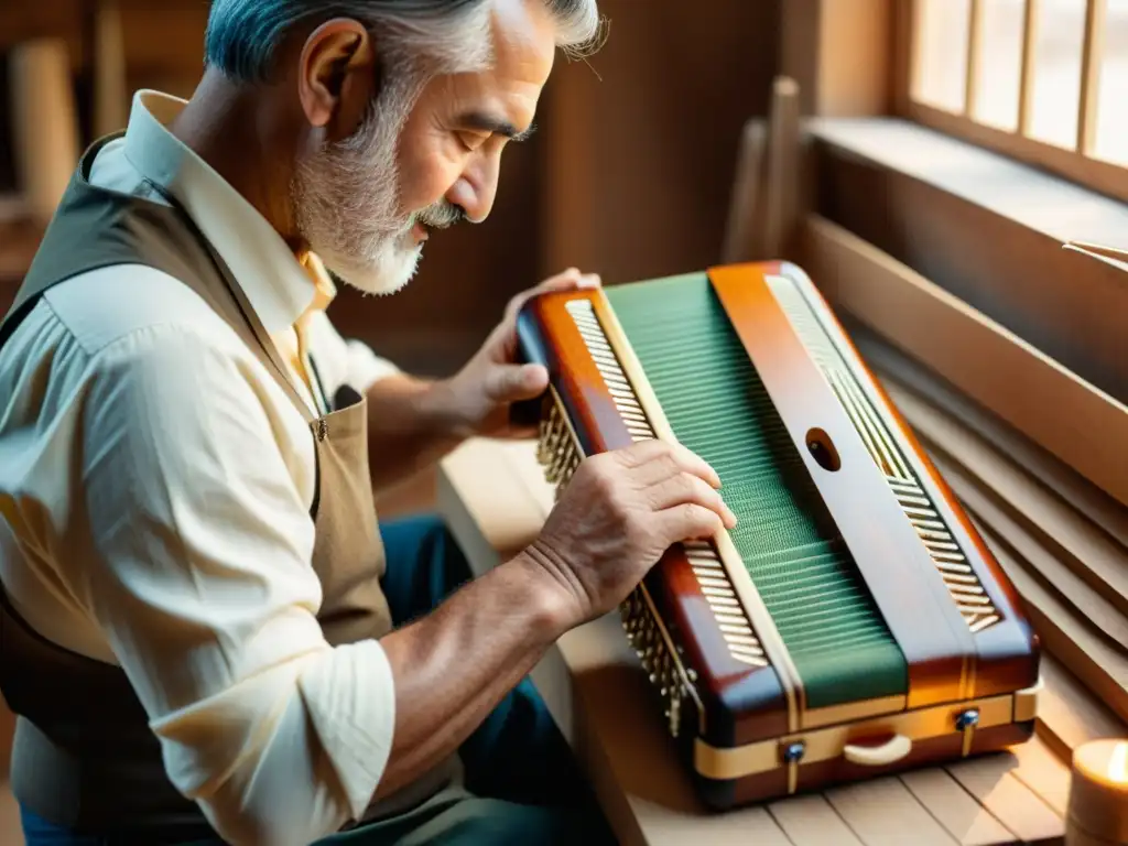 Un artesano habilidoso elabora un acordeón a mano en un taller tradicional