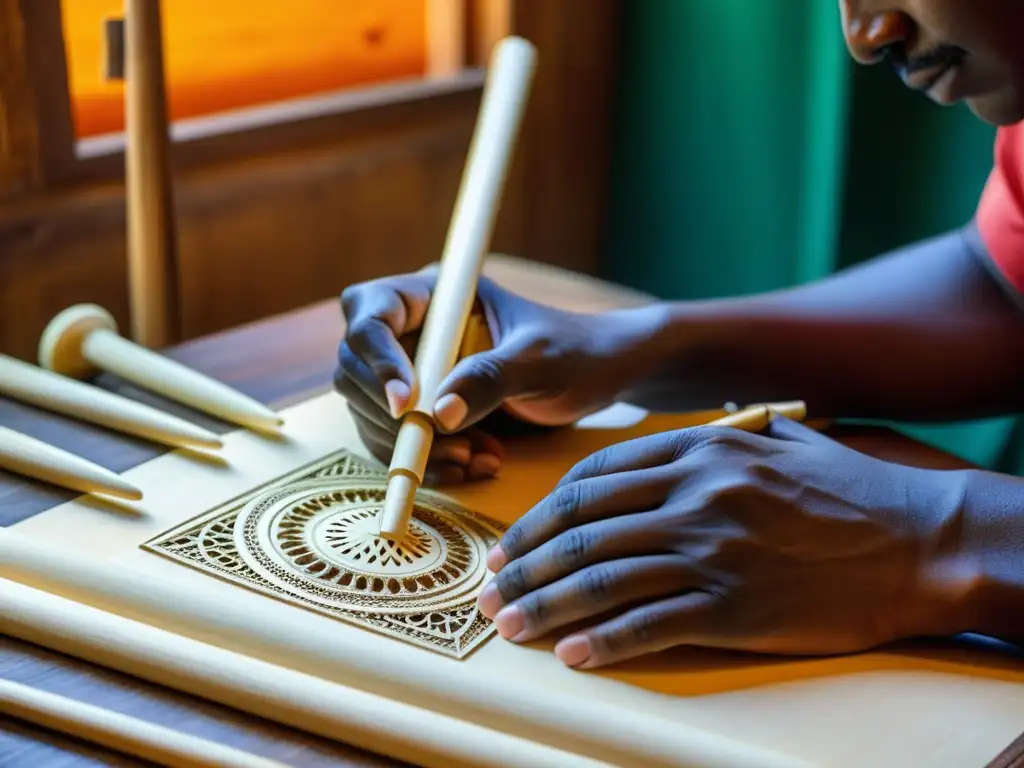 Un artesano habilidoso construyendo un aerófono tradicional, resaltando la artesanía y el impacto cultural