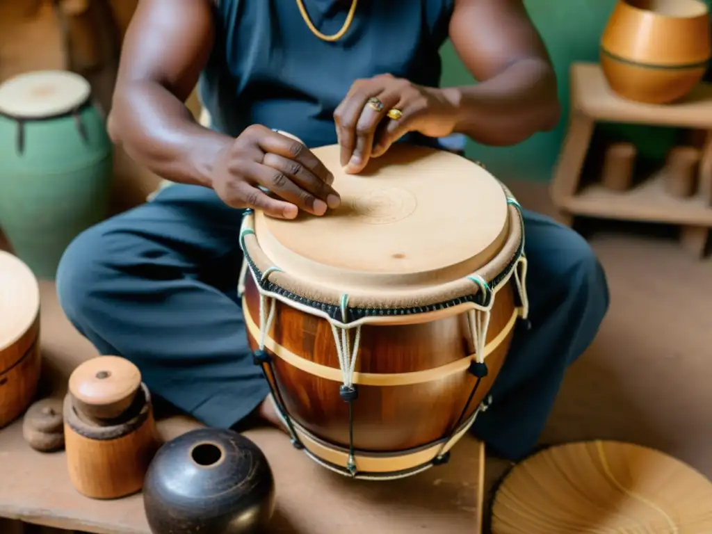 Un artesano habilidoso fabrica cajones y bongos de forma responsable, mostrando precisión y cuidado en un taller lleno de luz natural y herramientas