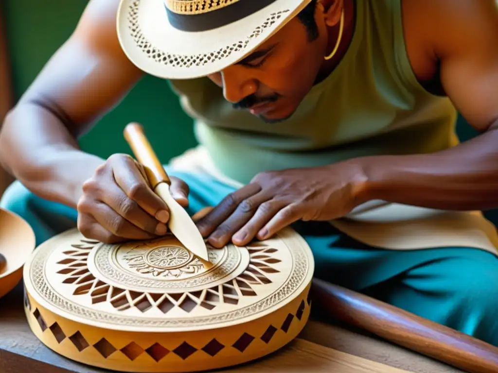 Un artesano habilidoso construye un charango andino, tallando la madera, colocando las cuerdas y añadiendo detalles decorativos