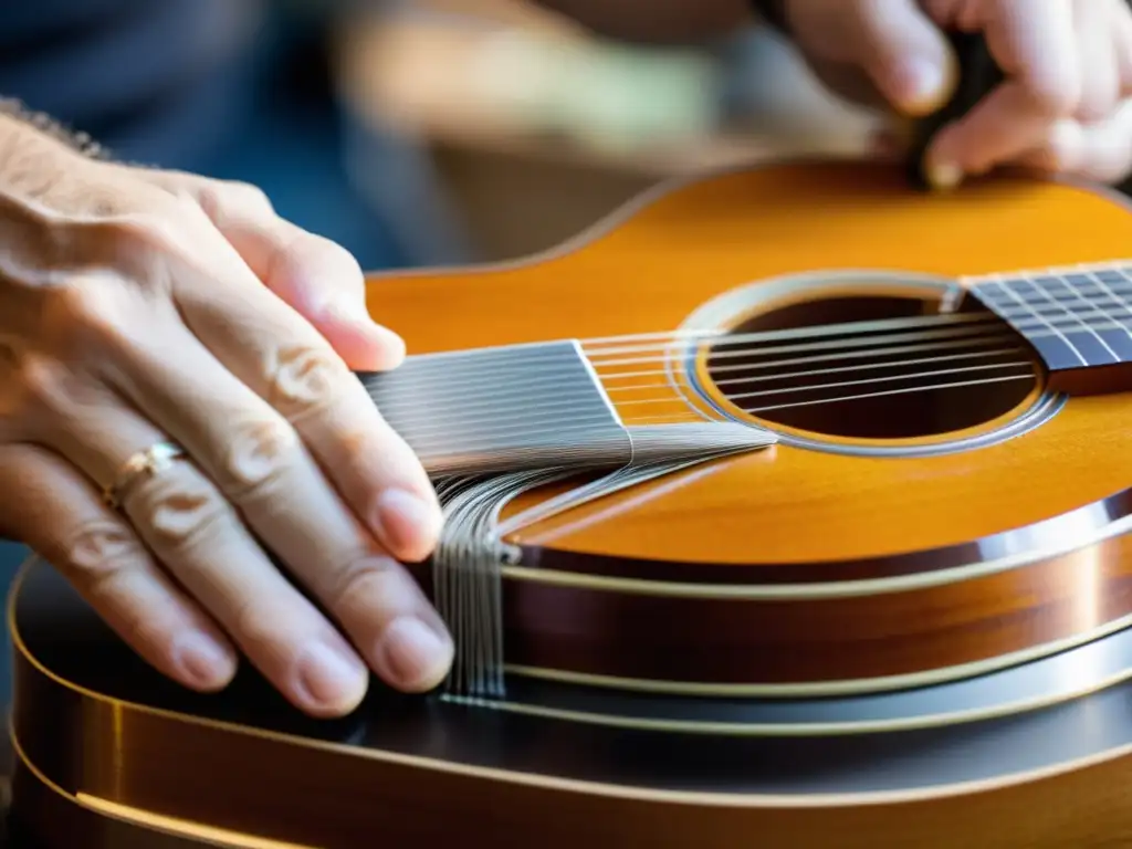 Un artesano habilidoso en la fabricación de cuerdas musicales a nivel mundial, enrollando meticulosamente alambre alrededor de una guitarra clásica