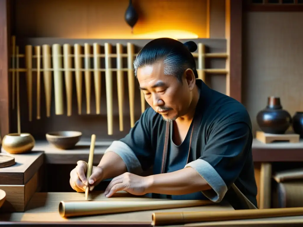 Un artesano habilidoso crea con dedicación un sheng chino en su taller, revelando la historia y construcción del sheng