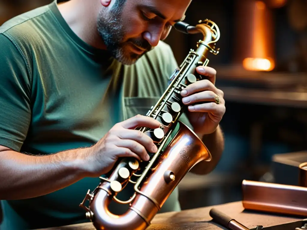 Un artesano habilidoso moldea con delicadeza un saxofón de cobre en su taller, resaltando la influencia acústica del instrumento