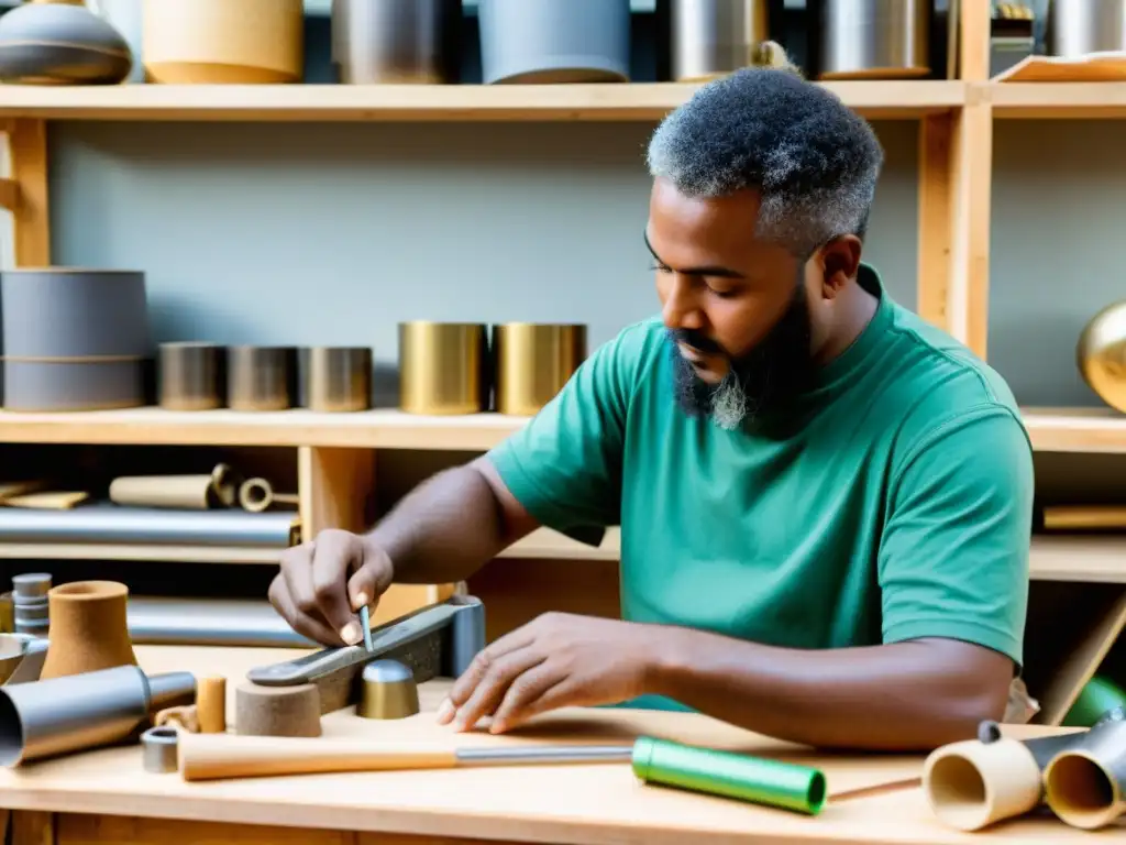 Un artesano habilidoso transformando desechos en instrumentos musicales con dedicación y precisión en su taller