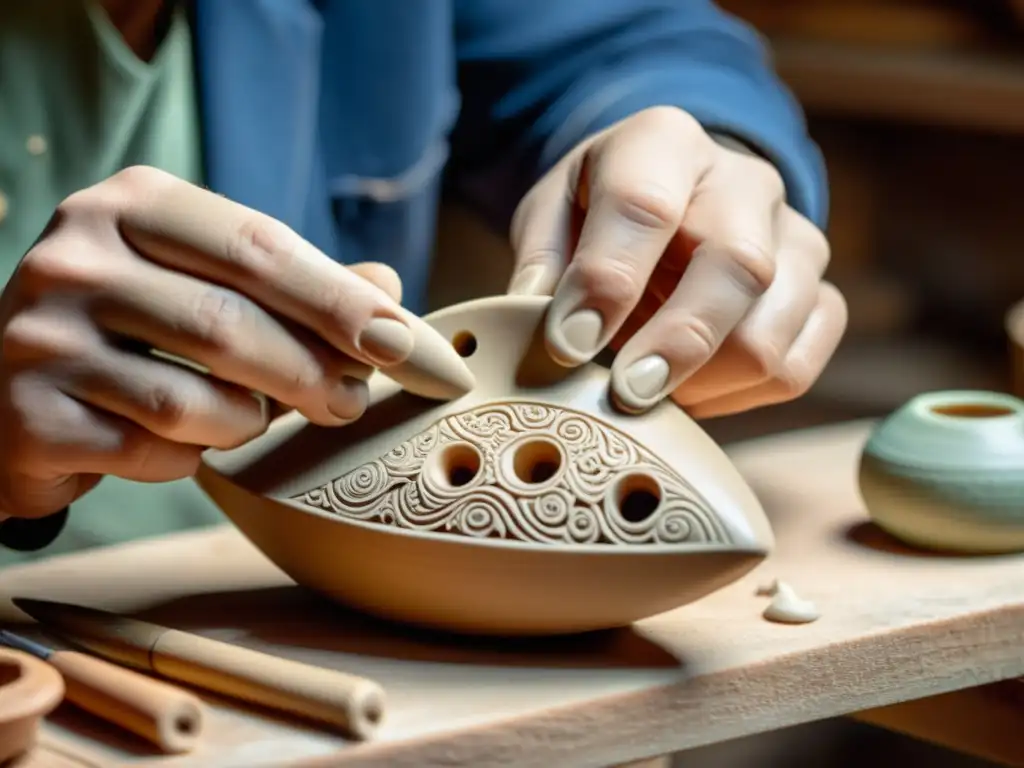 Un artesano habilidoso moldea con destreza una ocarina de cerámica, resaltando la importancia de la cerámica en ocarinas