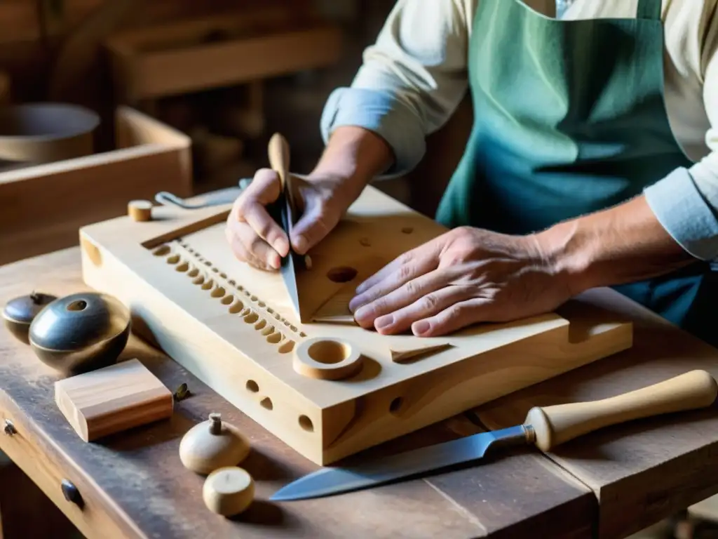 Un artesano habilidoso tallando un dulcémele instrumento musical Apalaches en madera, mostrando el proceso laborioso y la artesanía