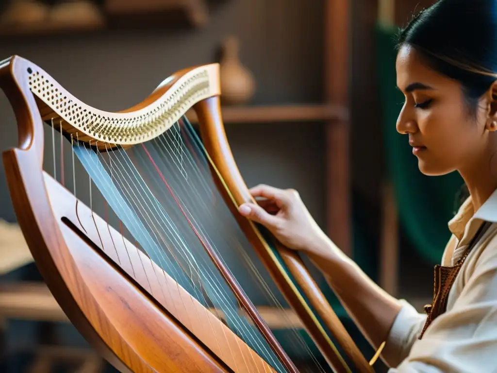 Un artesano habilidoso crea con esmero una arpa paraguaya tradicional en su taller, destacando la historia y sonido del arpa paraguaya