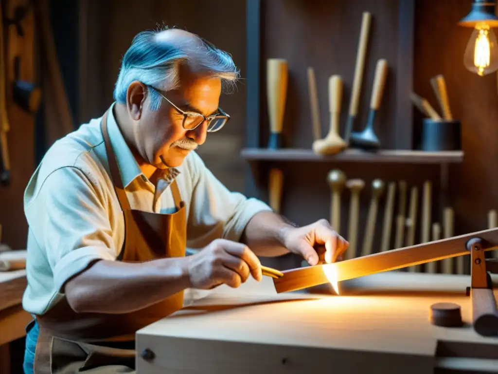 Un artesano habilidoso construye una cítara con herramientas tradicionales en un taller cálido, mostrando la historia y construcción de la cítara