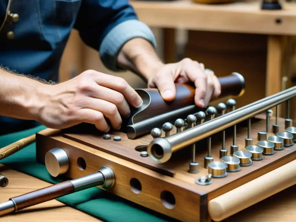 Un artesano habilidoso construye un instrumento musical único con materiales reciclados, mostrando creatividad y expertise en reciclaje creativo construcción instrumentos musicales