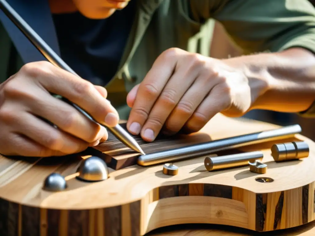 Un artesano habilidoso crea un instrumento musical con materiales ecológicos, mostrando precisión y dedicación en cada detalle