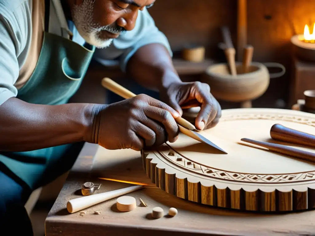 Un artesano habilidoso revive instrumentos musicales olvidados con técnicas ancestrales y destreza, iluminado por cálida luz natural