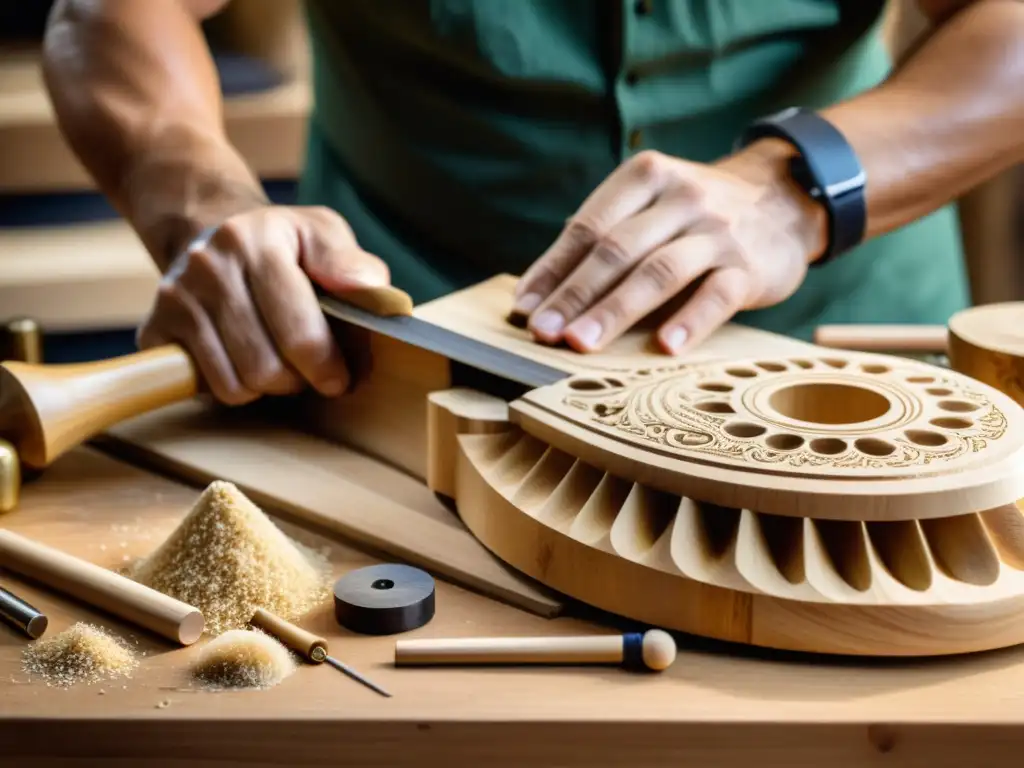 Un artesano habilidoso crea instrumentos musicales ecológicos sostenibles con madera reciclada, utilizando herramientas tradicionales