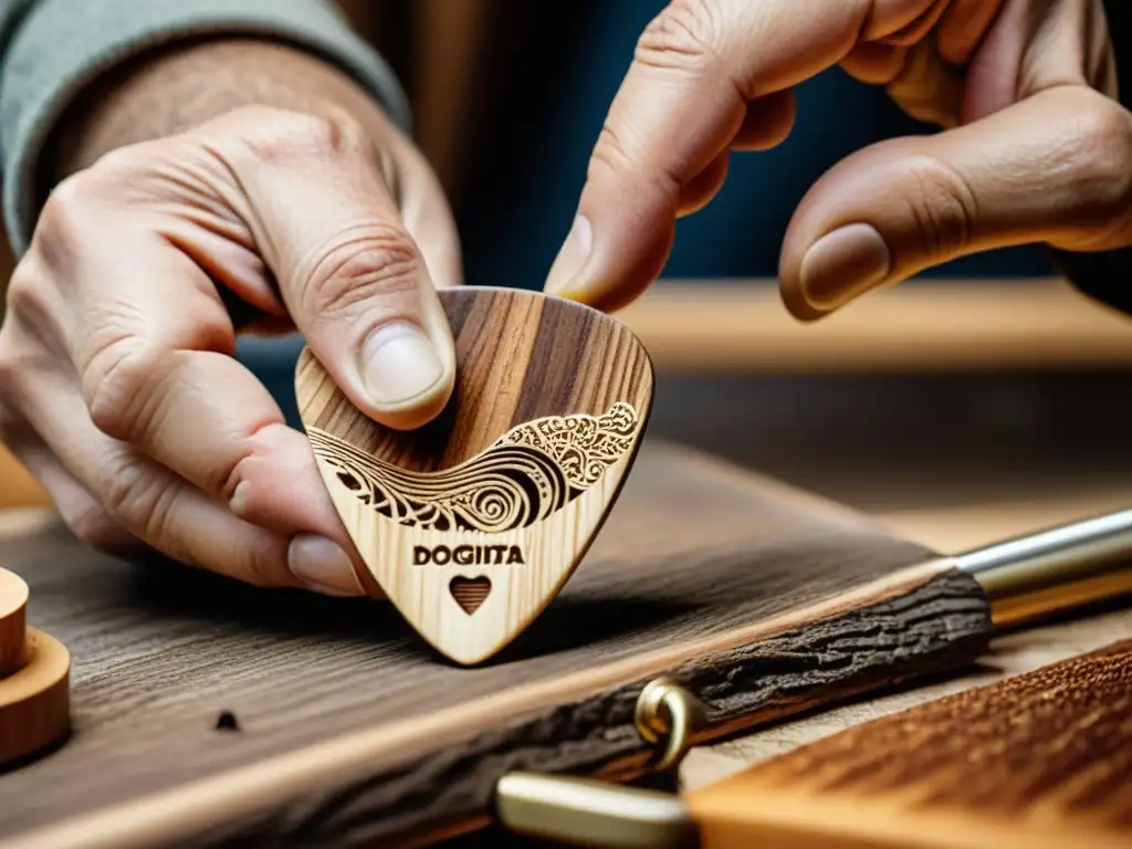 Un artesano habilidoso crea con madera sostenible un púa de guitarra biodegradable