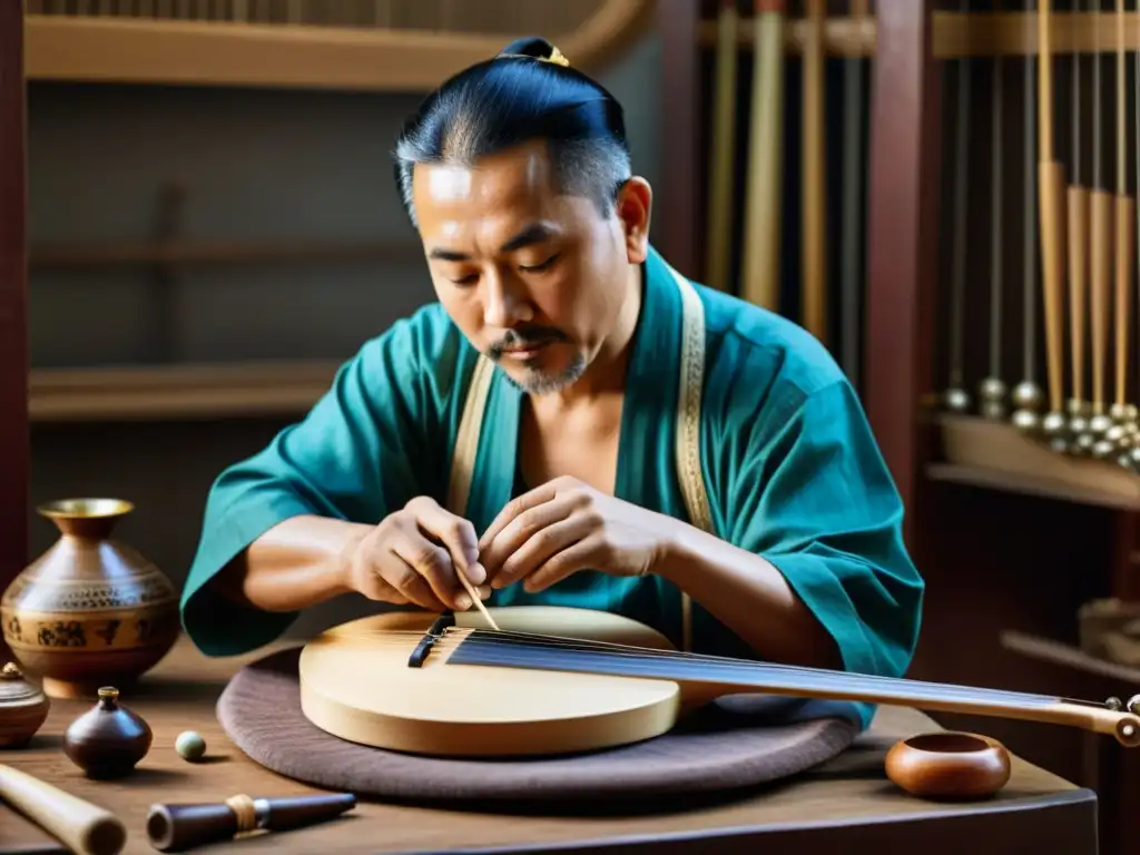 Un artesano habilidoso creando a mano un instrumento oriental con materiales tradicionales, mostrando el proceso de creación y su significado cultural